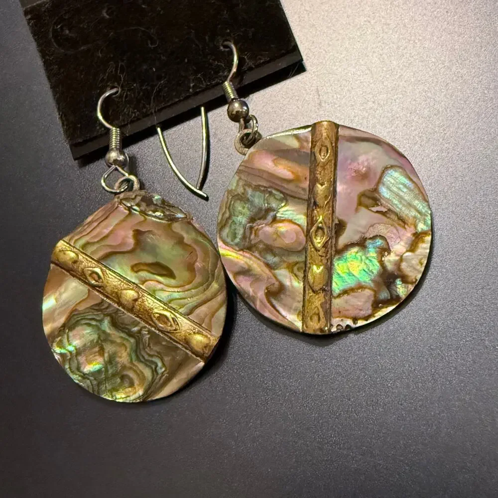 Vintage Mixed Metal Abalone Shell Flat Disc Earrings